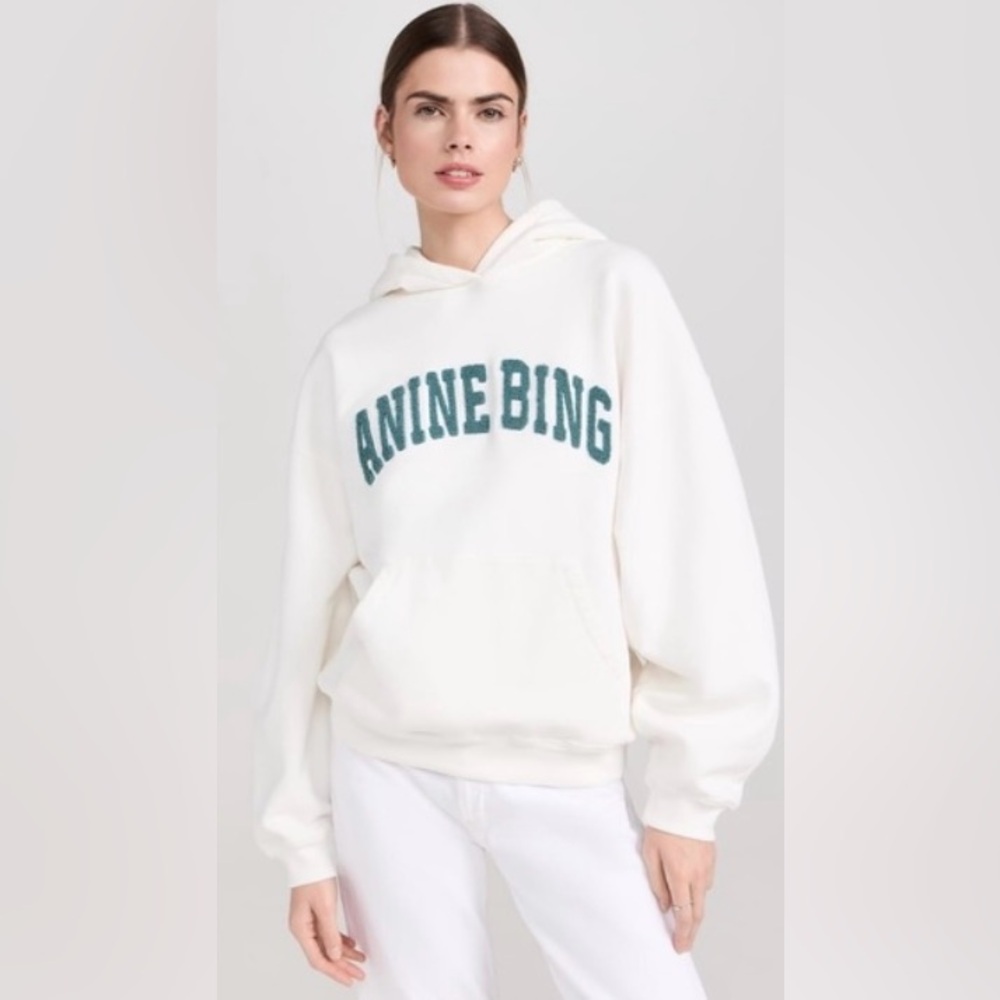 Anine Bing Cream Harvey Hoodie with Green Terry Cloth Letters